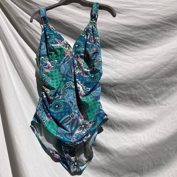 Assets by Sarah Blakey, Spanx blue bohemian print bathing suit, size large - Picture 1 of 10